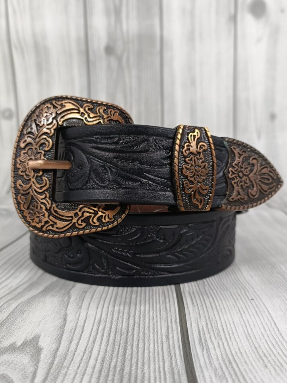 Hand Tooled Western Leather Belt – Western Cowboy Belt with 3 Piece Buckle Set